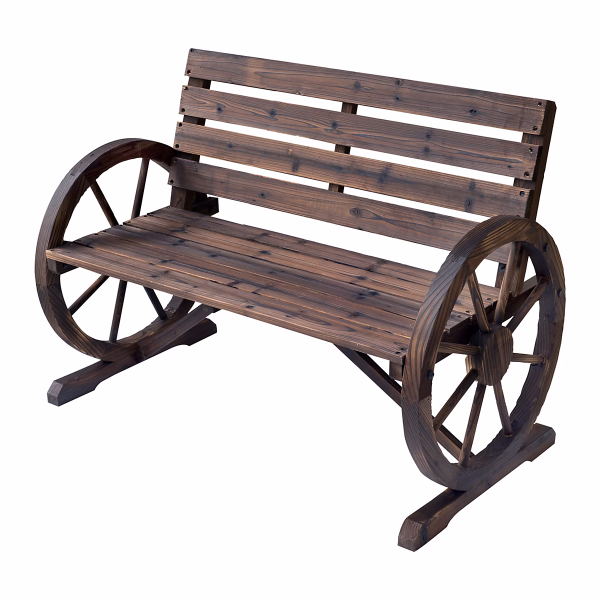 Salon et mobilier de jardin – Banc de jardin 3 places style rustique chic accoudoirs roues charette bois sapin traité carbonisation