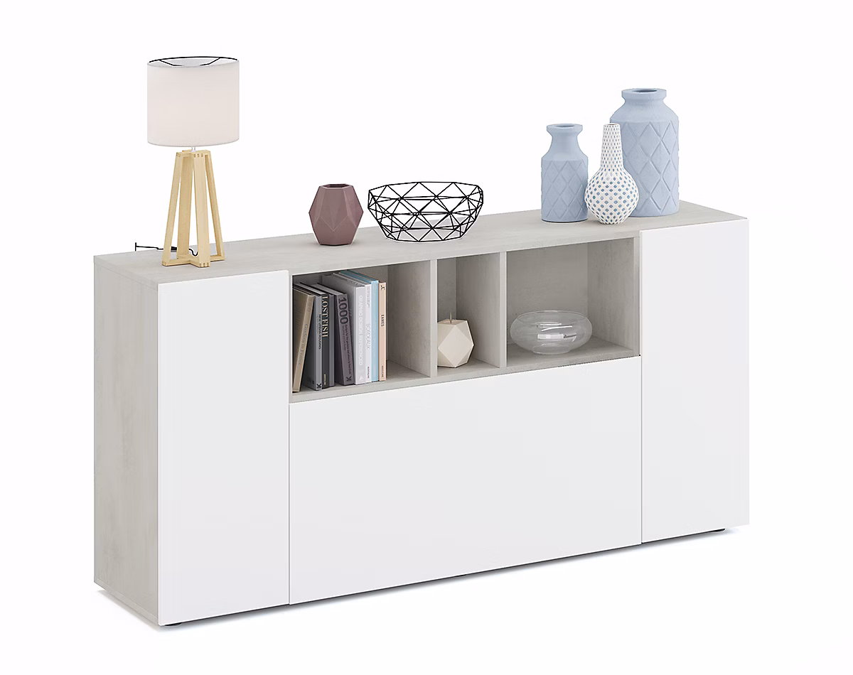 Buffet meuble de rangement avec 3 portes coloris Béton / blanc artic – Longueur 150 x Hauteur 76 x Profondeur 41 cm