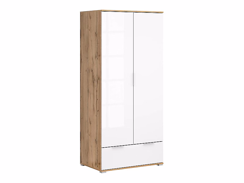 Armoire Placard de rangement à 2 portes avec tiroir – coloris Chêne wotan/Blanc brillant, L. 56,5 x P. 31 x H. 195 cm