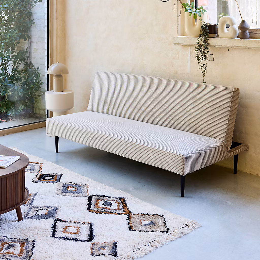 Canapé banquette convertible 3 places velours côtelé greige piétement métal L 180 x P 100 x H 74.5 cm – Max