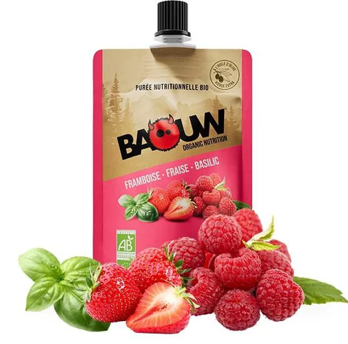 Extérieur loisirs：Purée framboise fraise basilic bio Baouw - Gourde de 90 grammes