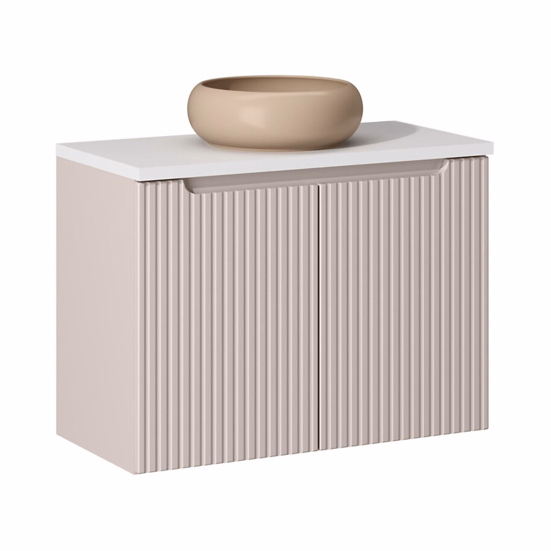 Ensemble VANO cachemire et blanc 80cm : meuble sous vasque à placards et plan pour vasque et vasque à poser ronde cappuccino – Réf. IINQBWQAL7661389899
