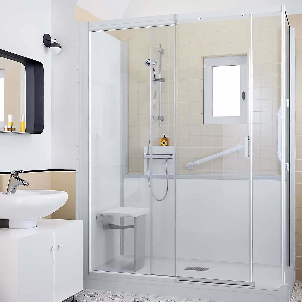 Cabine de douche Kinedo Kinemagic Design 120x70 angle basse coulissante verre transparent avec mitigeur | Cabine de douche
