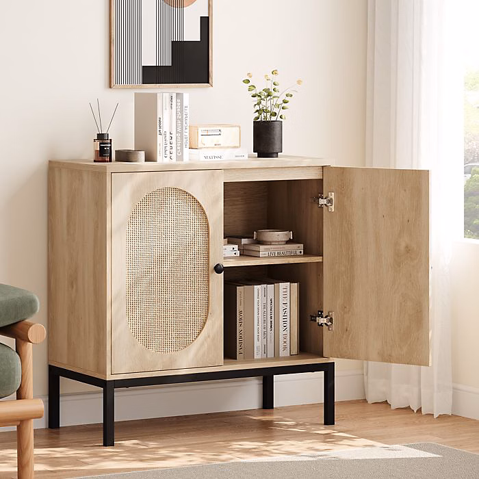 Buffet salon | Naturel – 2 Portes – Rotin tissé – Bois MDF – Vintage 83 × 80 × 40cm