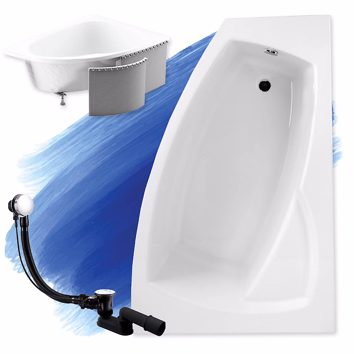 Baignoire asymétrique 160 × 105 Droite FRIDA acrylique blanc + Habillage en polystyrène + Pieds + Vidage à chromé