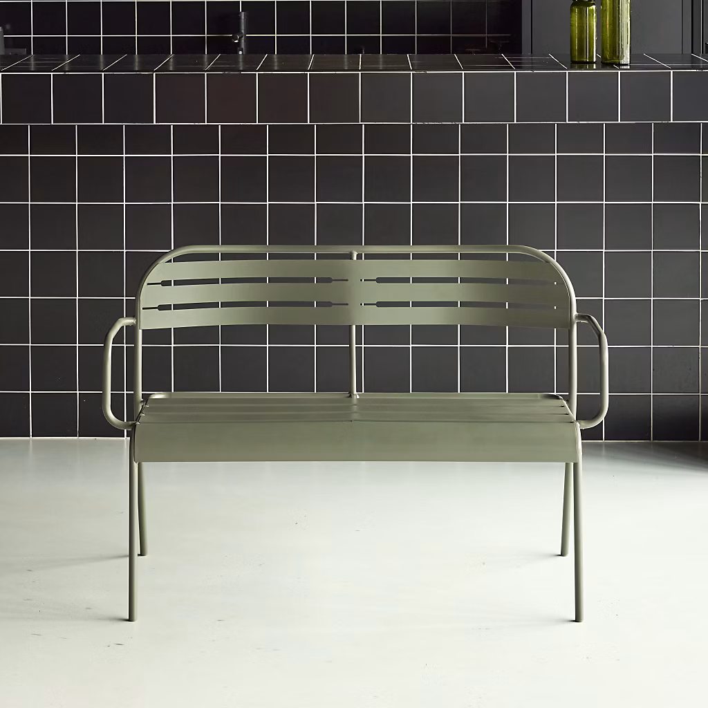 Banc extérieur 2 places acier kaki | 118 × 52 × 80cm – Amélia