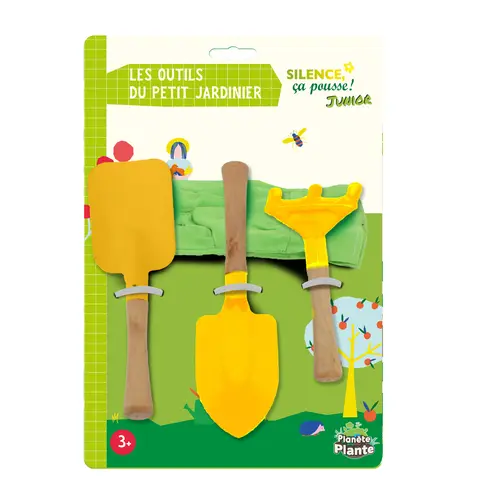 Esprit végétal：Ensemble de gants et 3 outils de jardinage pour enfant en métal jaune avec manche en bois Planète Plante - les 4 pièces