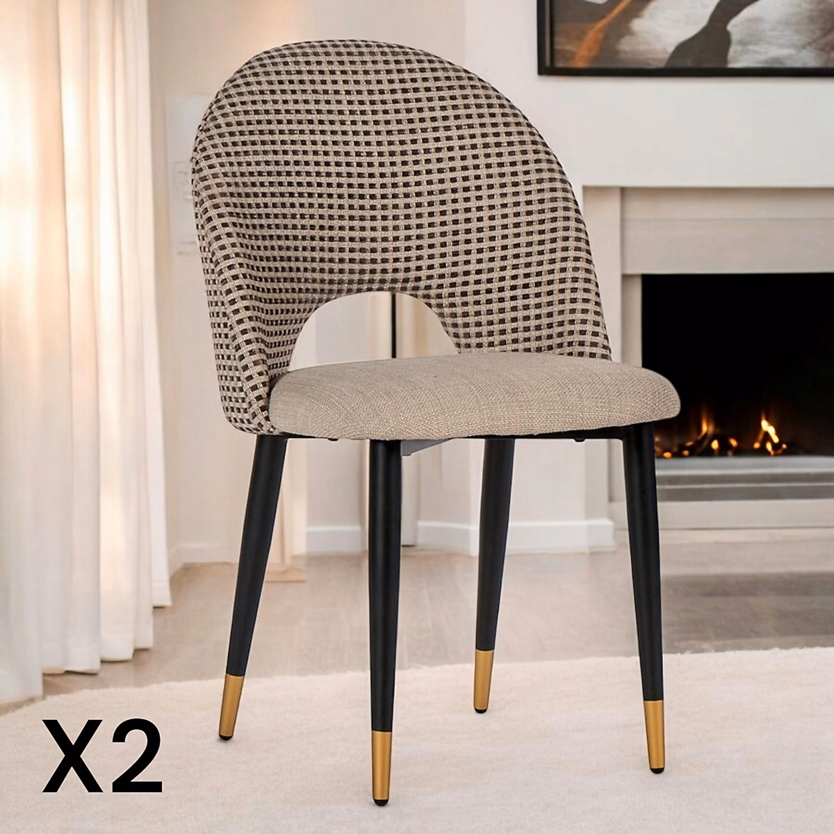 Chaise salle à manger tissu quadrillé taupe (lot de 2) MALMOE | Chaise
