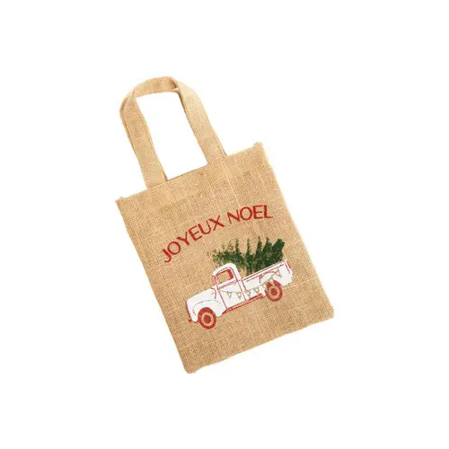 Pour compléter vos extérieurs:Petit sac en jute décor sapin dans van beige, blanc et vert - 20 x 24 cm