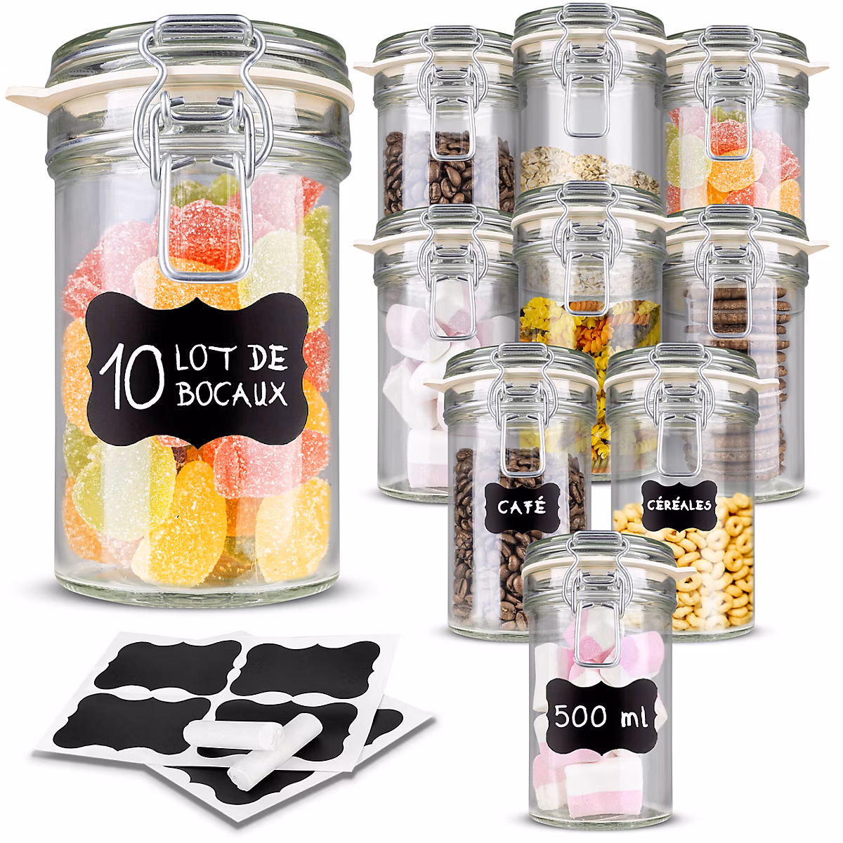Creative Home Lot de 10 Bocaux en Verre 500ml – Bocal en Verre avec Couvercle Hermétique, Boite Rangement Cuisine, Pot a epices