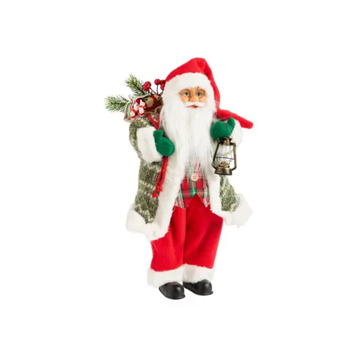 Univers jardin:Père Noël à tartan vert et rouge avec hotte et lanterne - 60 cm