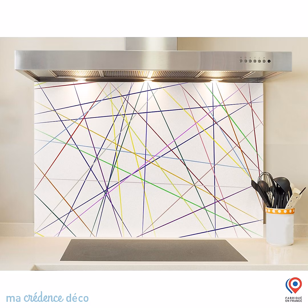 Crédence cuisine fond de hotte Jeux de diagonales colorés | Verre trempé – L 90 cm x H 70 cm – MaCrédenceDéco