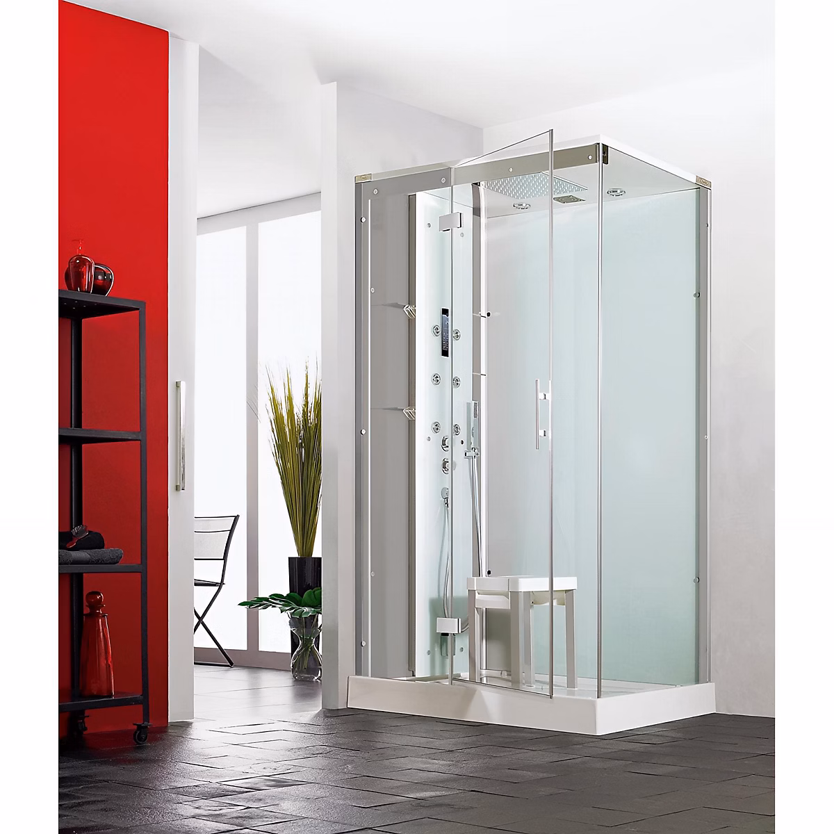 Cabine de douche hydromassante et hammam KINEDO HORIZON 110x110 hauteur receveur 12 – 5cm 1 coulissant finition acier