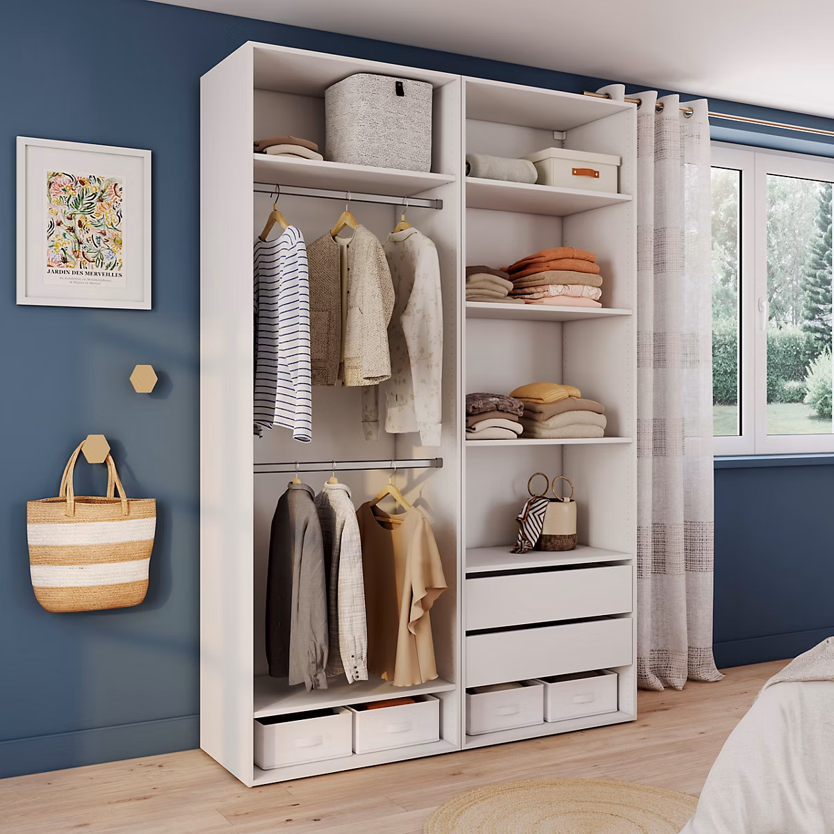 Dressing ouvert blanc double penderie avec 2 tiroirs et 6 tablettes – H.225 x L.150 x P.45 cm, GoodHome Atomia