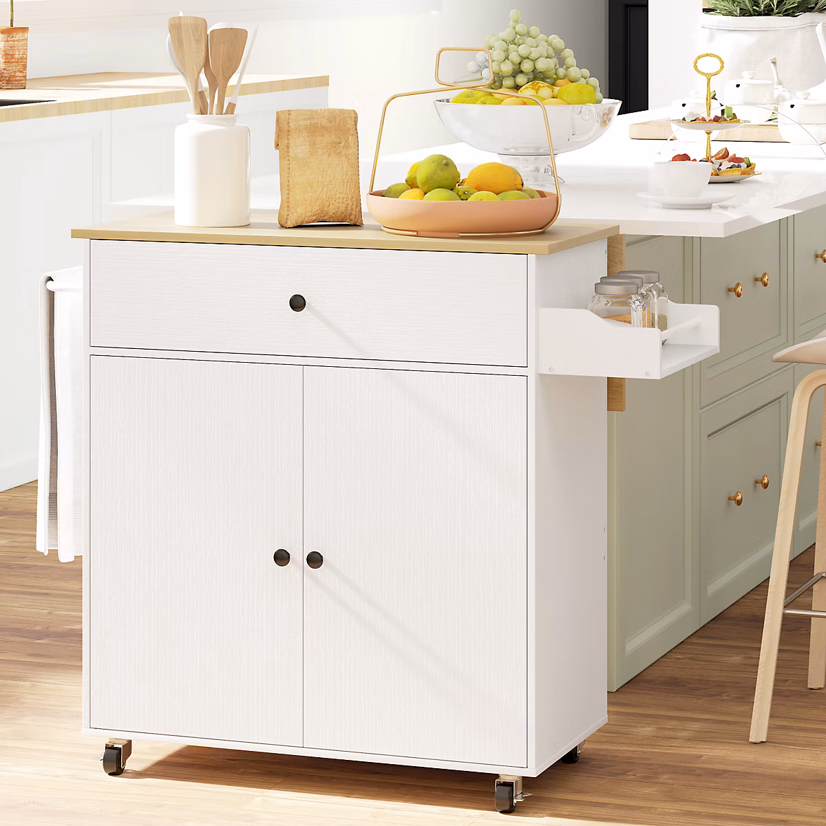 Îlot de cuisine blanc en MDF avec plateau rabattable et roulettes – Réf. ANIUZUOZR1942338989