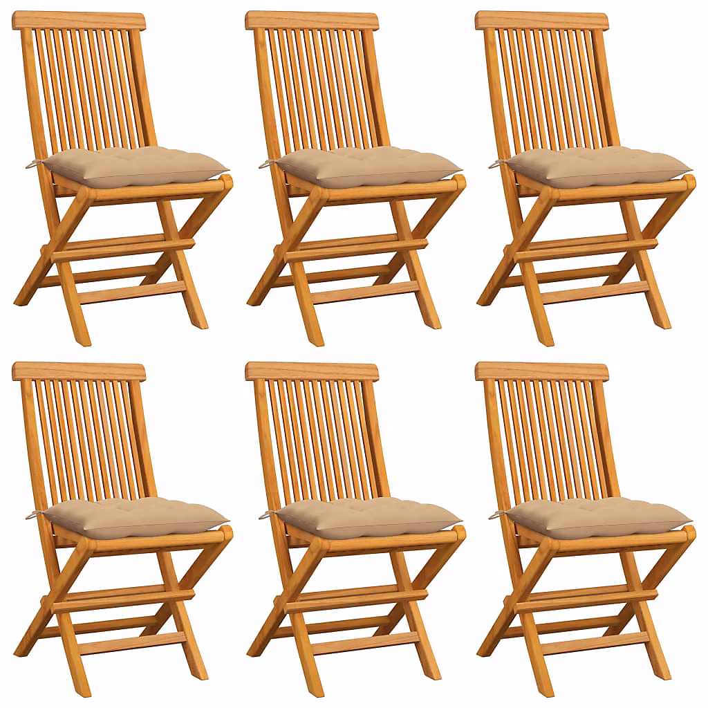 Chaises pliantes avec coussins beiges – 6 pièces, en teck massif vidaXL