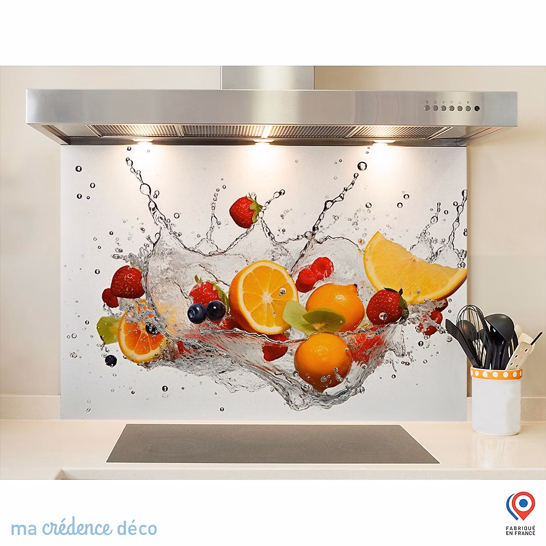 Crédence cuisine fond de hotte Bain de fruits 6 – Verre trempé, L 90 cm x H 70 cm, MaCrédenceDéco