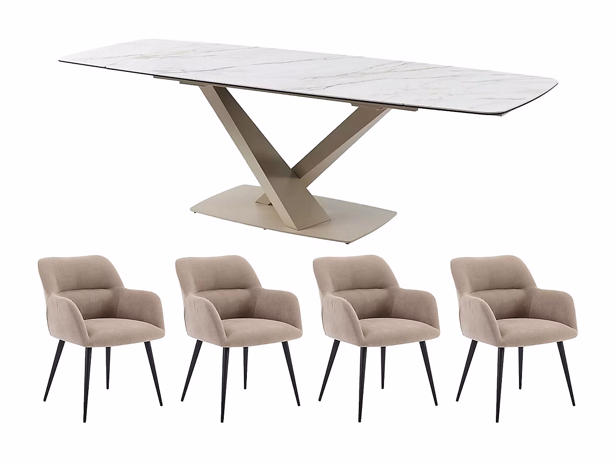 Ensemble table MALATA + 4 chaises HEKA – Effet marbre blanc et beige
