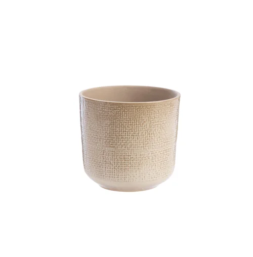 Pour profiter dehors:Cache-pot en céramique coloris jute crème Sandstone – 13,5 x 13 cm