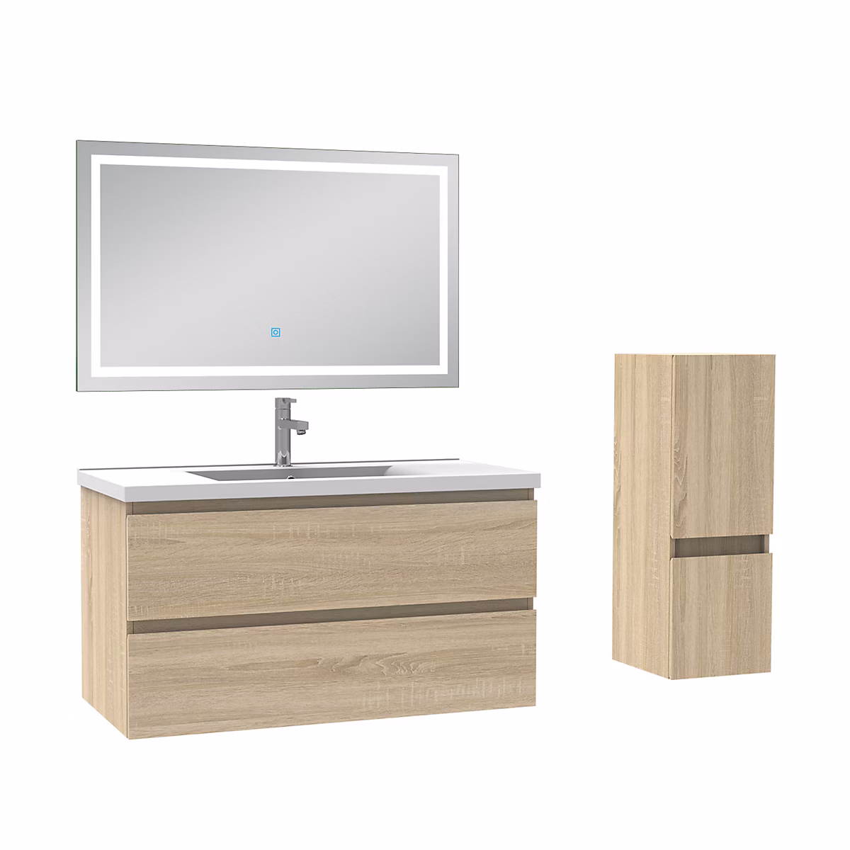 Ensemble meuble de salle de bain 100cm – vasque céramique + colonne bas + LED miroir mural, chêne