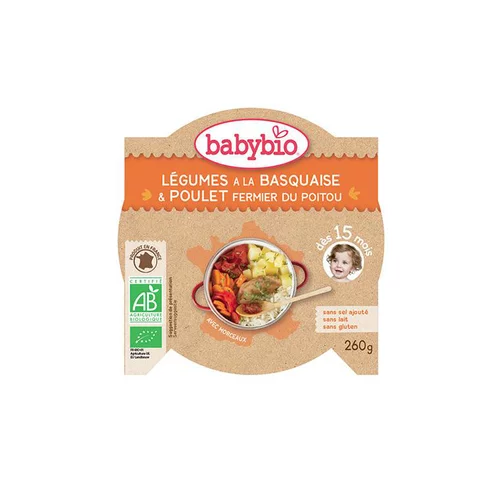 Un atout au quotidien:Menu du jour poulet Basquaise et riz Babybio 260 g