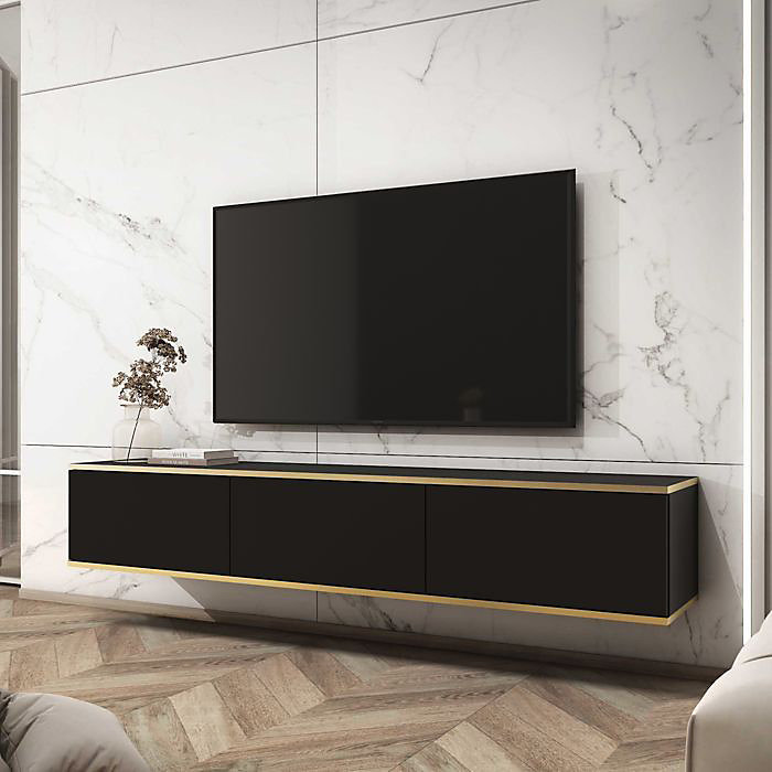 Banff TV175 – meuble TV, façade lisse noire, chêne artisan, largeur 175 cm, hauteur 30 cm, profondeur 32 cm