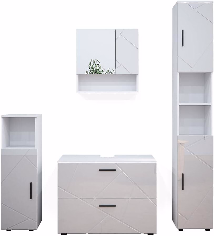 Ensemble Meubles de Salle de Bain Blanc – 4 pièces | Armoires | Tiroirs | Rangements | Moderne