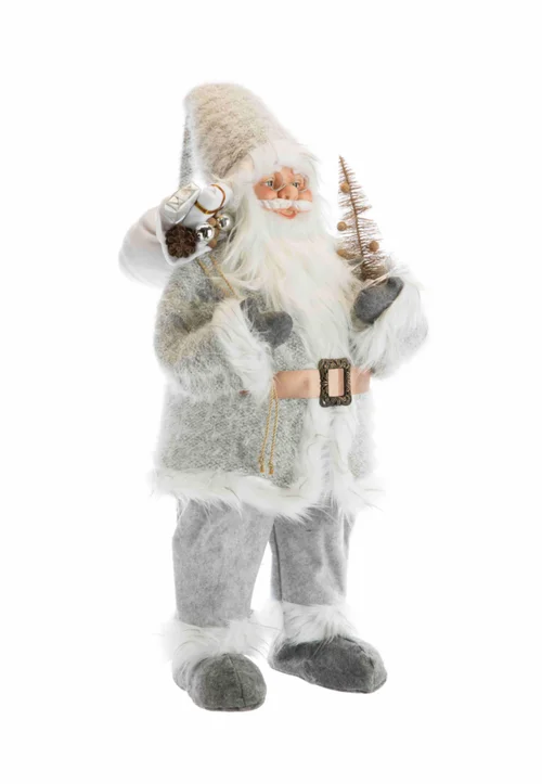 Pour donner du style au jardin:Père Noël en tissu gris et blanc avec hotte de cadeaux et sapin - 120 cm