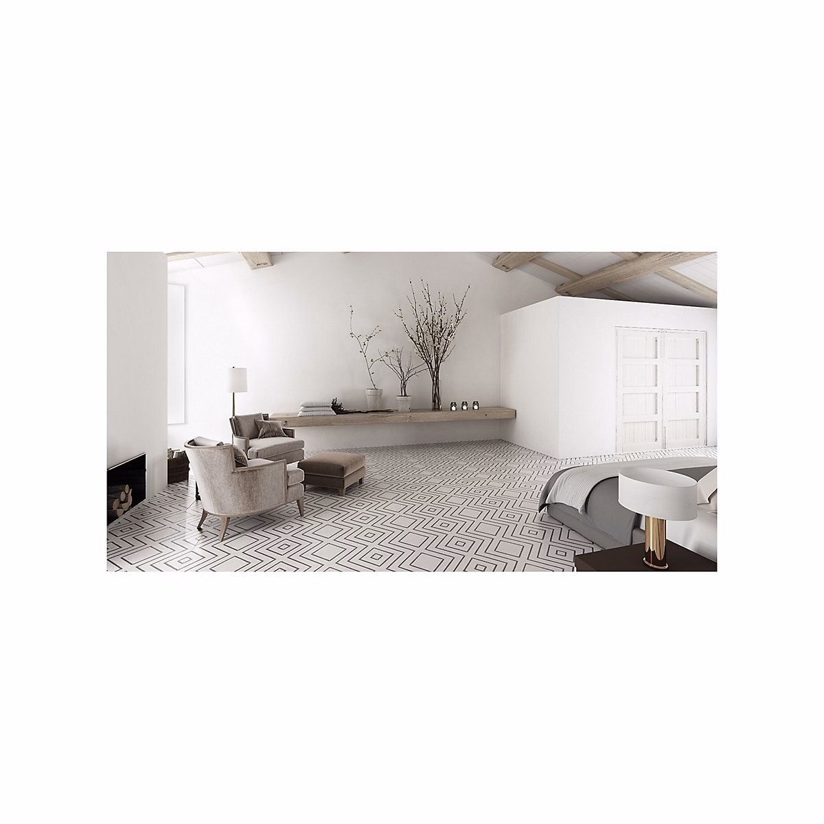 Carrelage effet carreau de ciment ENCAUSTIC 2.0 WHITE DECOR LAPPATO 30 × 30cm – Boîte de 1 m2