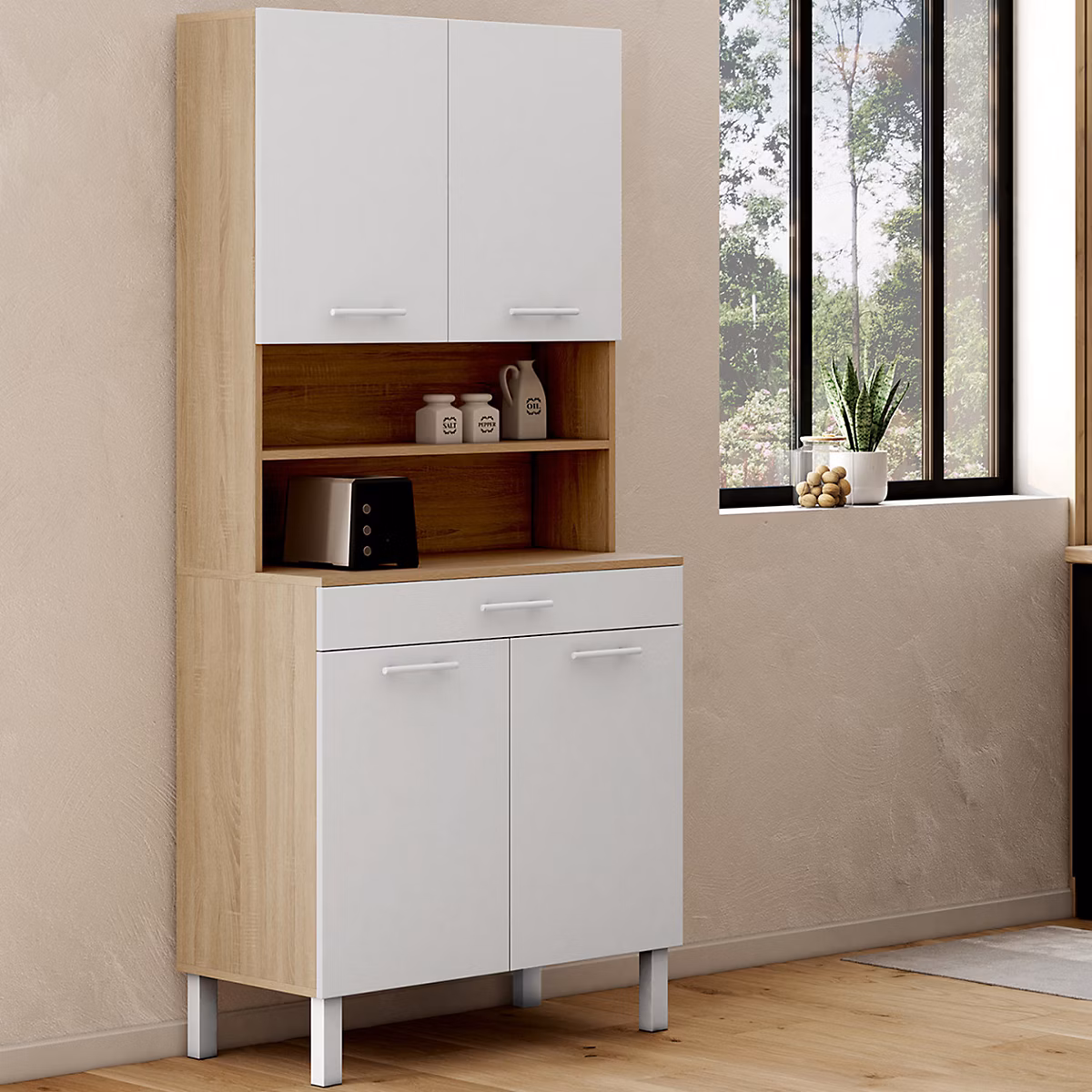 Buffet de cuisine 80 CM CINA 4 portes + tiroir façon hêtre et blanc – Réf. BMUSMUFWT4509470507