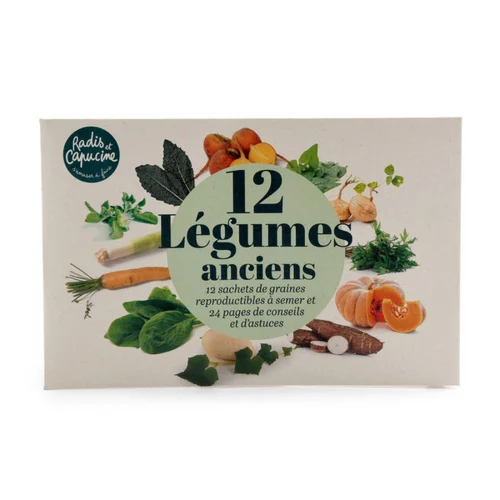 Jardin maison:Coffret de 12 sachets de graines de légumes anciens à semer Radis & Capucine