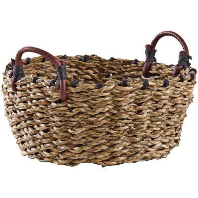 Corbeille ronde en jonc avec anses en cuir (19 cm)