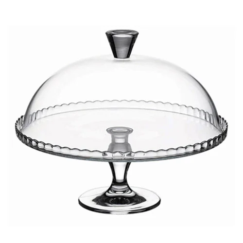 Solution jardin:Plat sur pied avec cloche coloris transparent en verre - 32 x 32 x 26 cm