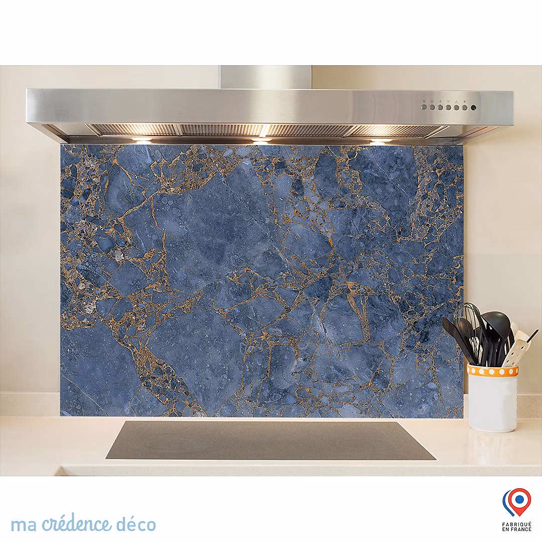 Crédence cuisine fond de hotte Mabre azurra di Carrare – Verre trempé, L 60 cm x H 45 cm, MaCrédenceDéco