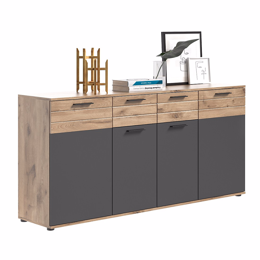 Meuble – Buffet 4 portes 4 tiroirs Gris anthracite et chene clair SELMA