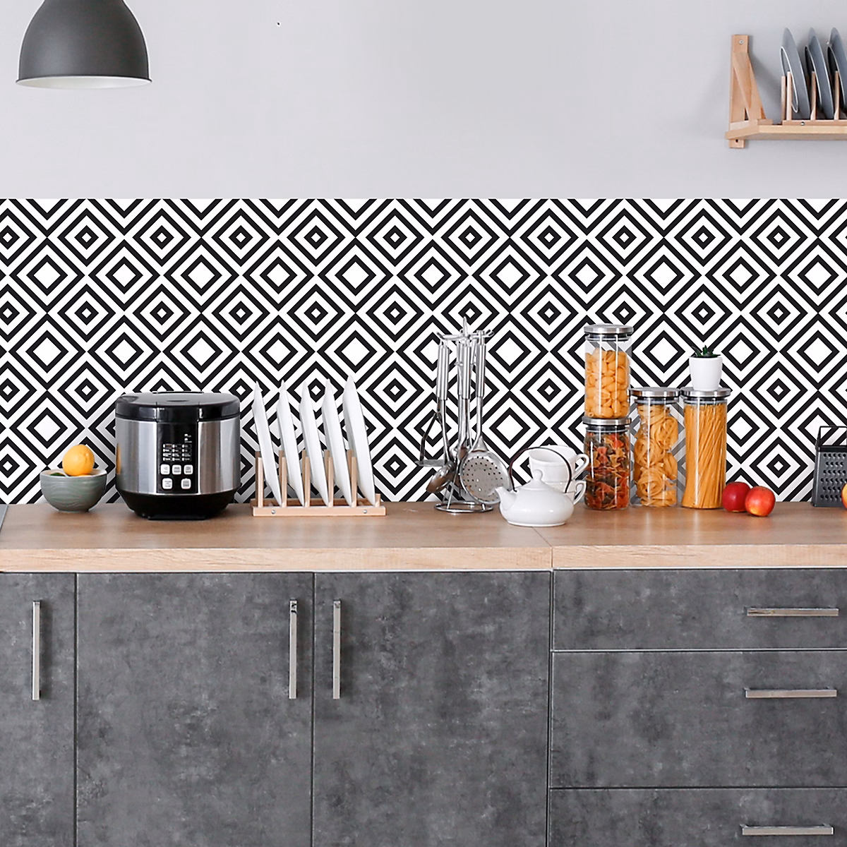 Crédence adhésive design géométrique noir et blanc – 60 × 300cm