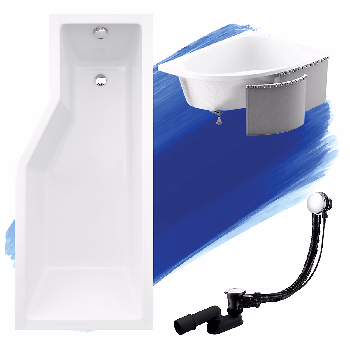 Baignoire asymétrique 170 × 75 Droite INTEGRA acrylique blanc + Habillage en polystyrène + Pieds + Vidage à chromé