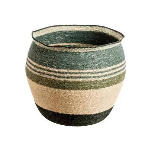Pour la vie au jardin:Panière ronde rayée vert/bleu/beige en osier grand modèle - Ø 49 x H 40 cm