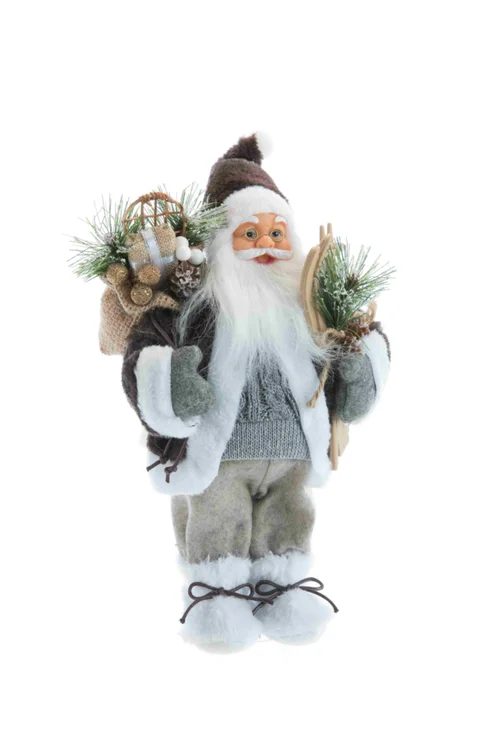 Malin au jardin:Père Noël en tissu brun/gris avec hotte de cadeaux et skis - 46 cm