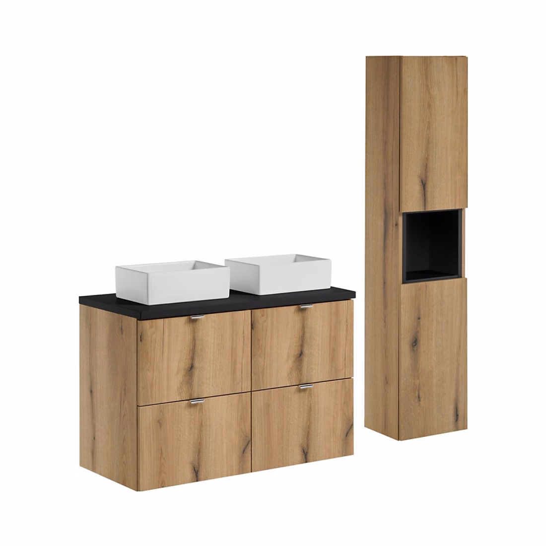 Ensemble meuble de salle de bains – Ensemble VANO chene et noir 130cm : meubles sous vasque à tiroirs et plan pour vasque et vasques à poser rectangulaires et colonne