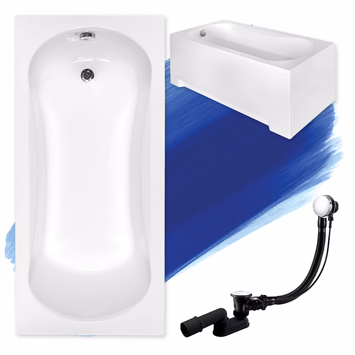 Baignoire rectangulaire 140 x 70 ARIA acrylique blanc + avec Tablier + Pieds + Vidage à chromé | Baignoire
