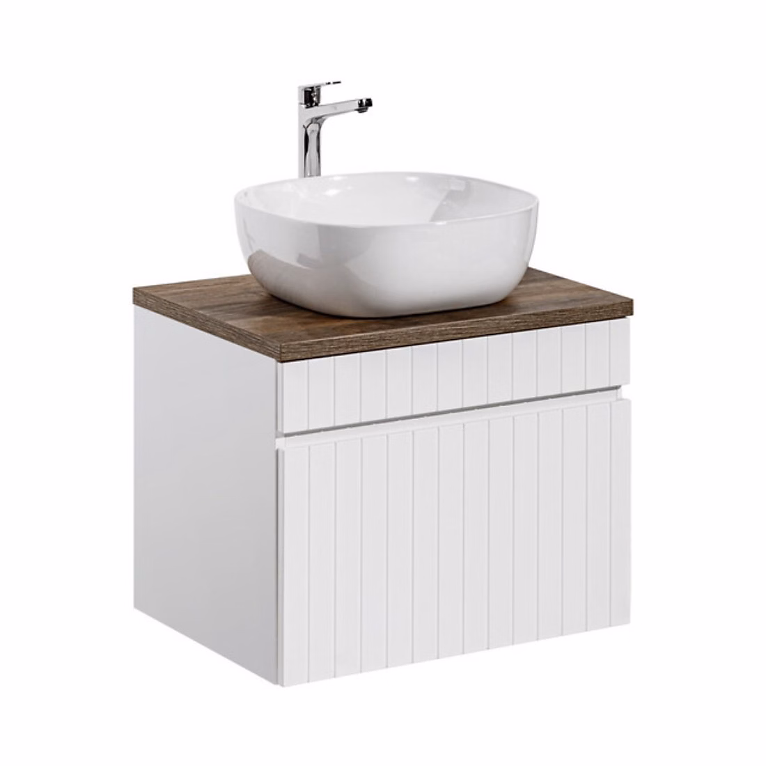 Meuble vasque – Ensemble ICON blanc : meuble sous vasque 60cm et plan pour vasque aspect bois foncé et vasque à poser carrée arrondie
