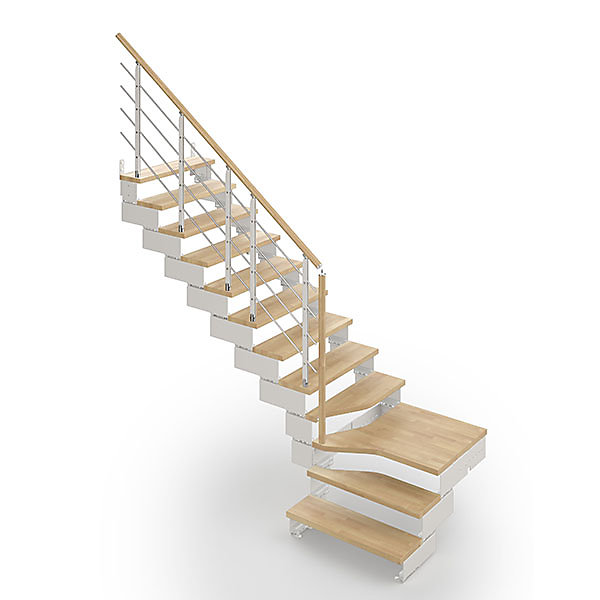 Escalier quart tournant 11 marches – Hauteur à franchir de 2.10 à 2.64m | Largeur 95 cm | Bois et blanc | Rampe horizontale