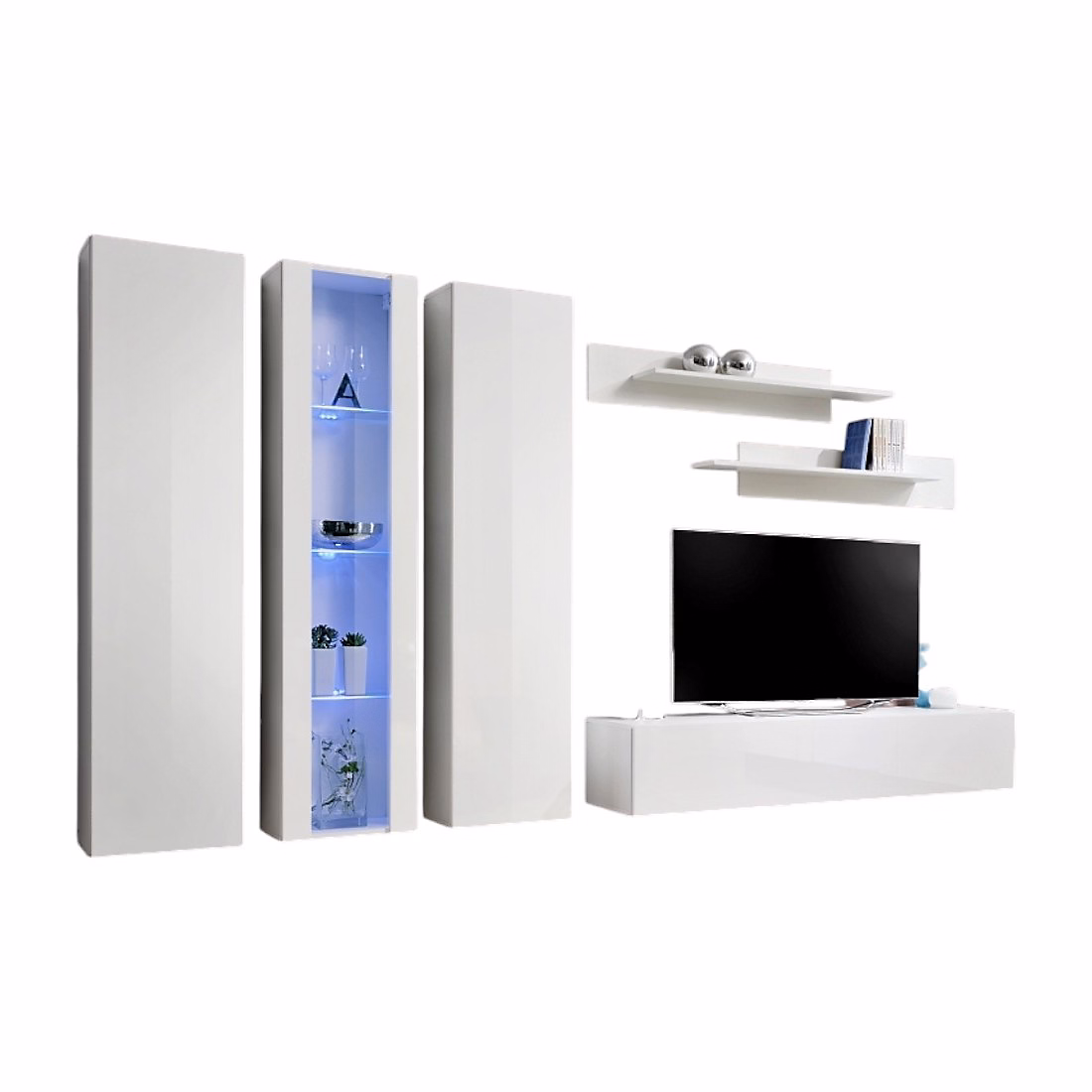 Composition murale FLY C4 Blanc brillant Meuble TV suspendu avec colonnes et étagères Design moderne – Réf. RUSQVXKXZ2866808729