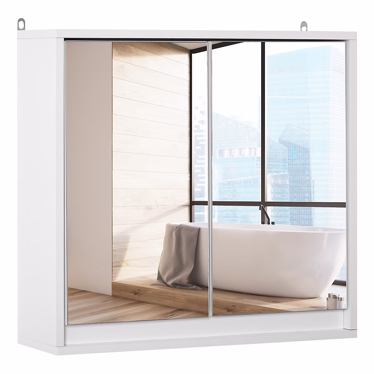 Meuble de salle de bains – Armoire murale miroir salle de bain 2 étagères dim. 48L x 14l x 45H cm panneaux particules MDF blanc