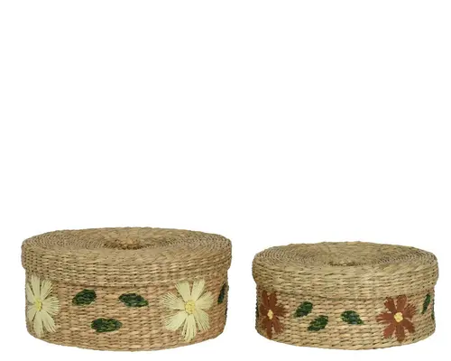 Extérieur sélection：Boîte tressée en algue avec fleurs brodées jaunes grand modèle - Ø 27 x H 11 cm