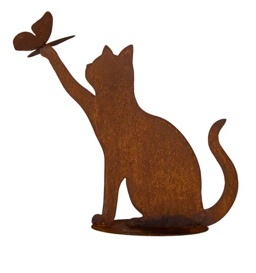 Vie extérieure：Chat décoratif coloris marron en métal rouillé - 49 x 50 cm