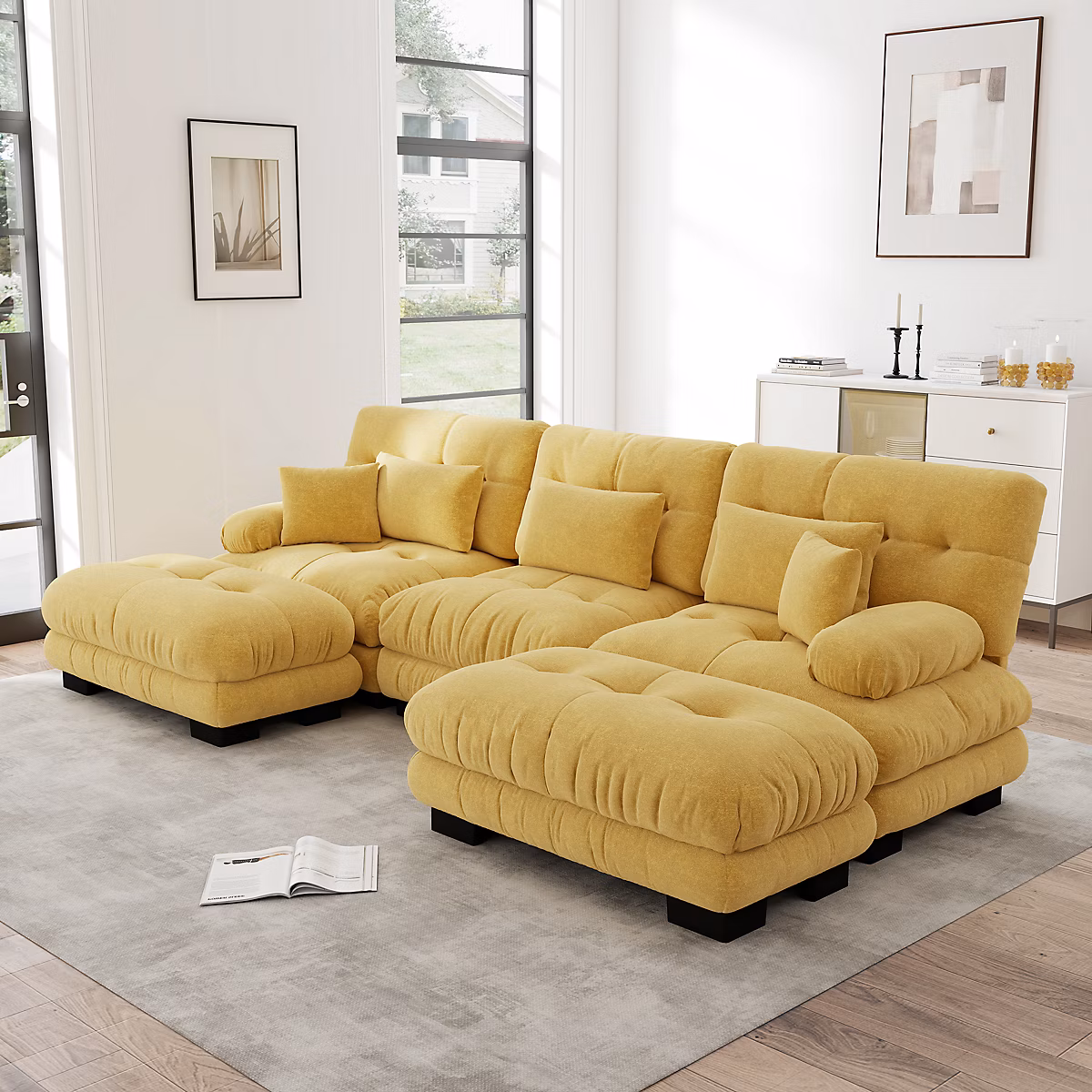 Canapé d'angle modulaire luxueux – Grand,Jaune,Convertible en lit avec pouf
