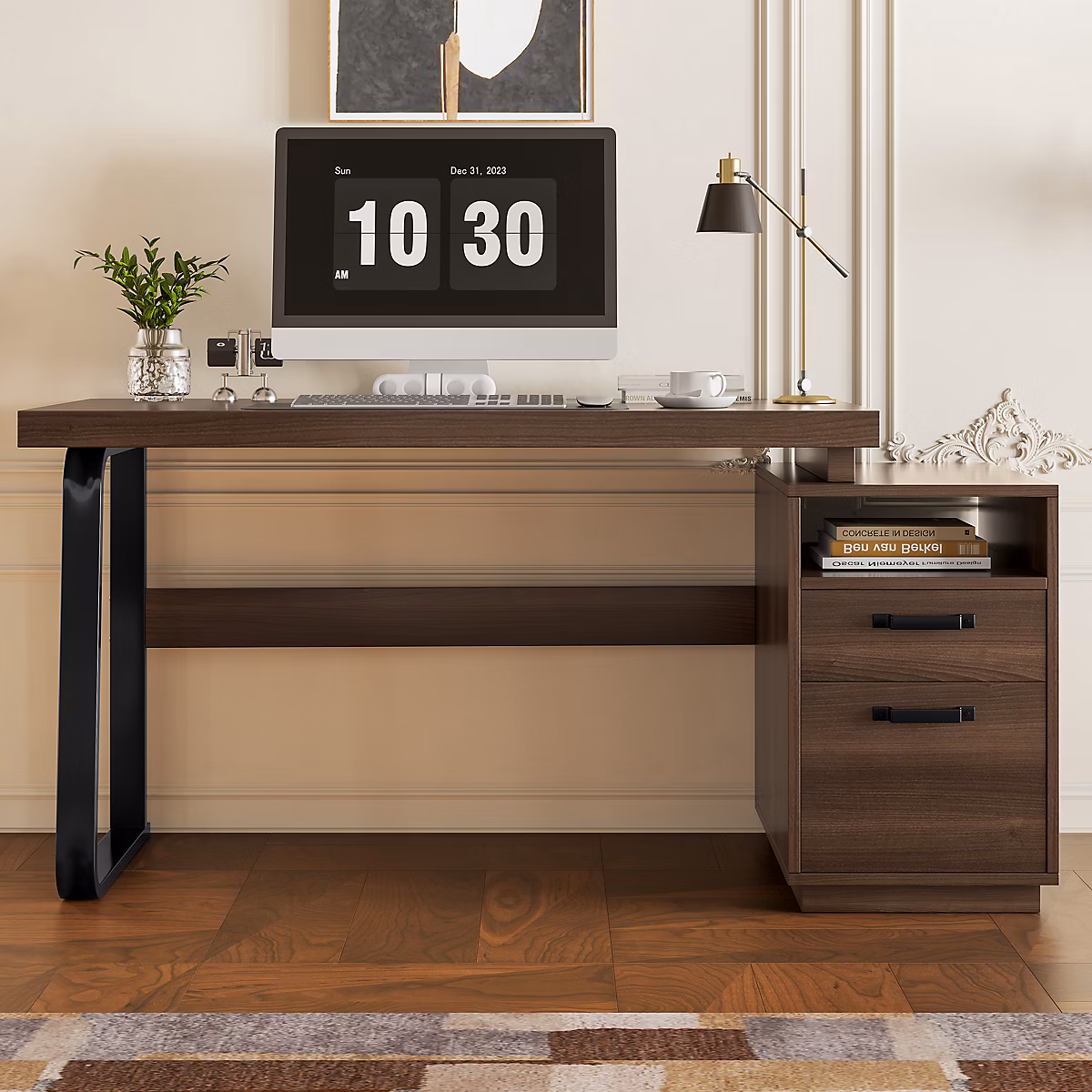 Bureau simple 135 × 54 cm – 2 tiroirs silencieux | plateau spacieux | marron