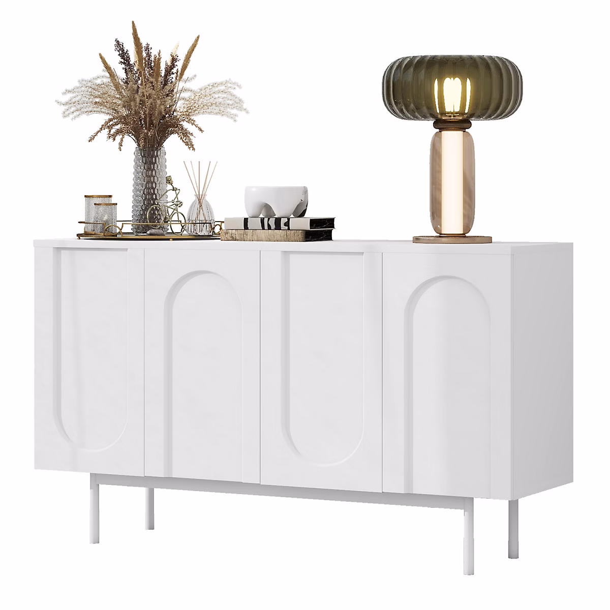 Buffet Blanc Moderne – Buffet Arqué à Quatre Portes | Adapté à La Salle à Manger Et Au Salon | Blanc